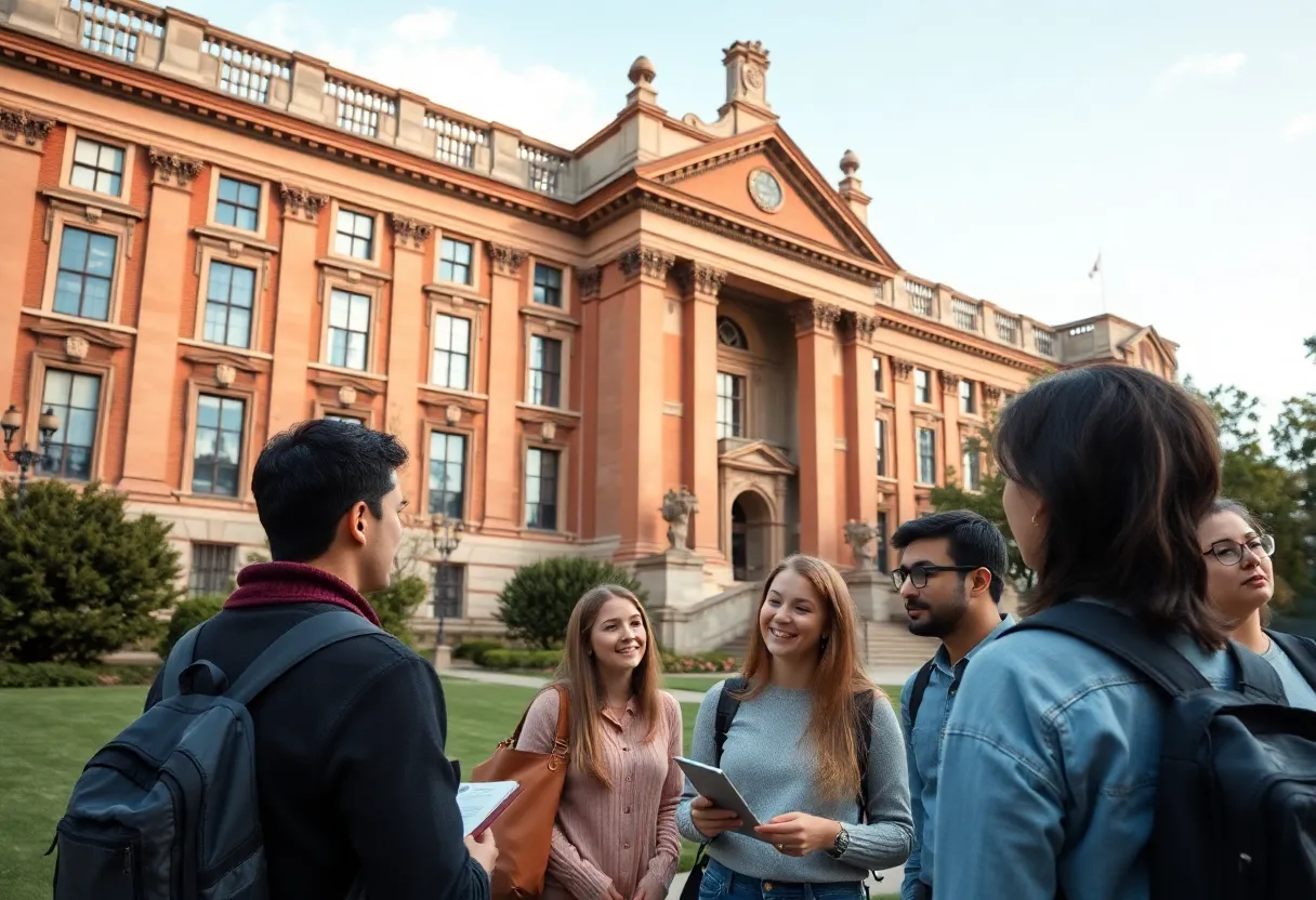 Students discussing on university campus