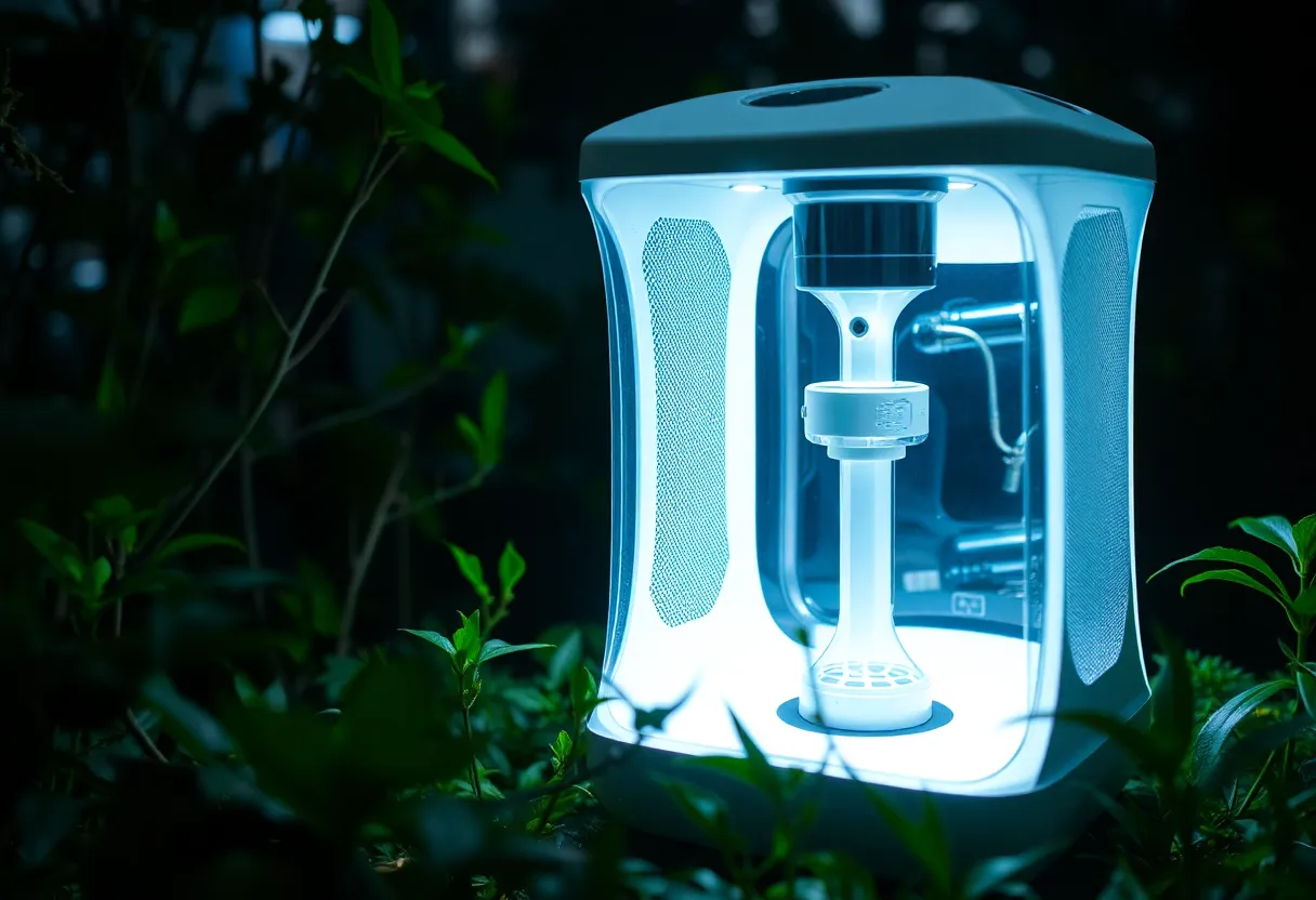 Advanced AI-powered mosquito trap in a natural setting.