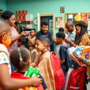 Children enjoying free haircuts and receiving school supplies at a community barbershop event