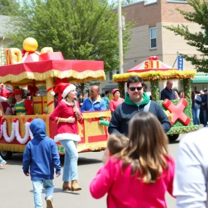 A colorful holiday parade featuring floats and performers