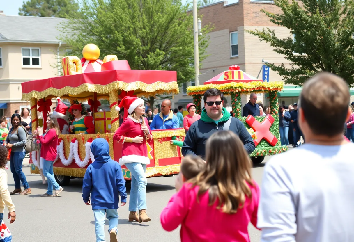 A colorful holiday parade featuring floats and performers