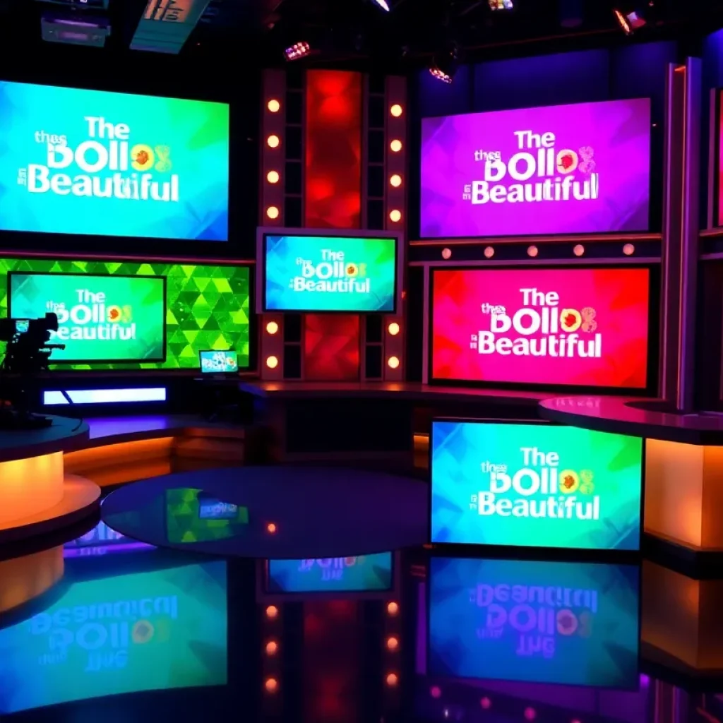 Broadcasting studio with screens showing The Bold and the Beautiful