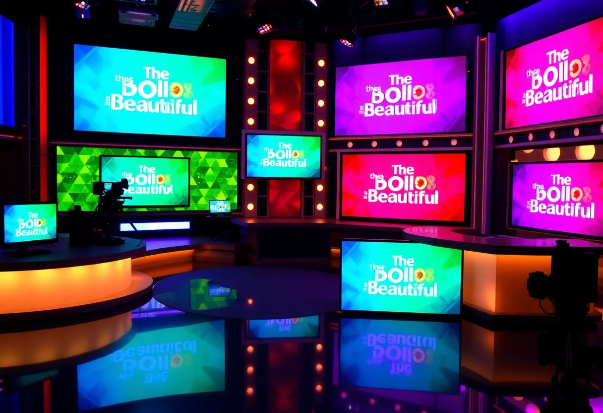 Broadcasting studio with screens showing The Bold and the Beautiful