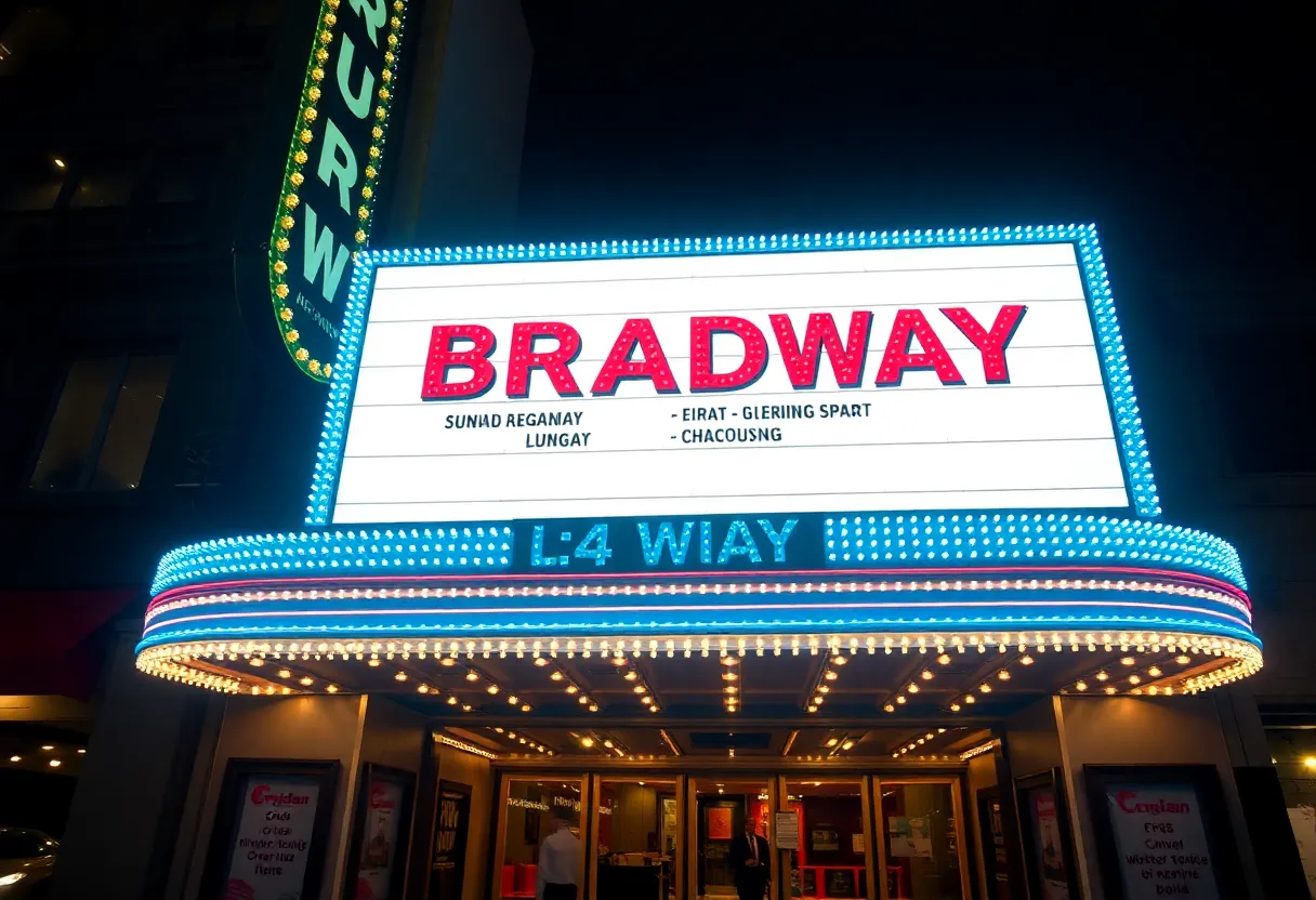 Exterior of a Broadway theater with bright lights