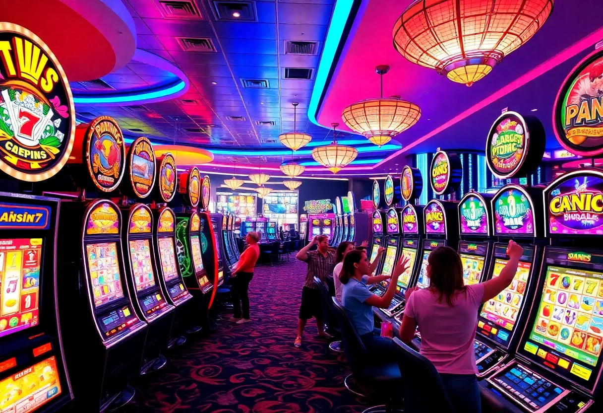 Celebration of casino jackpot winners at a vibrant casino floor.