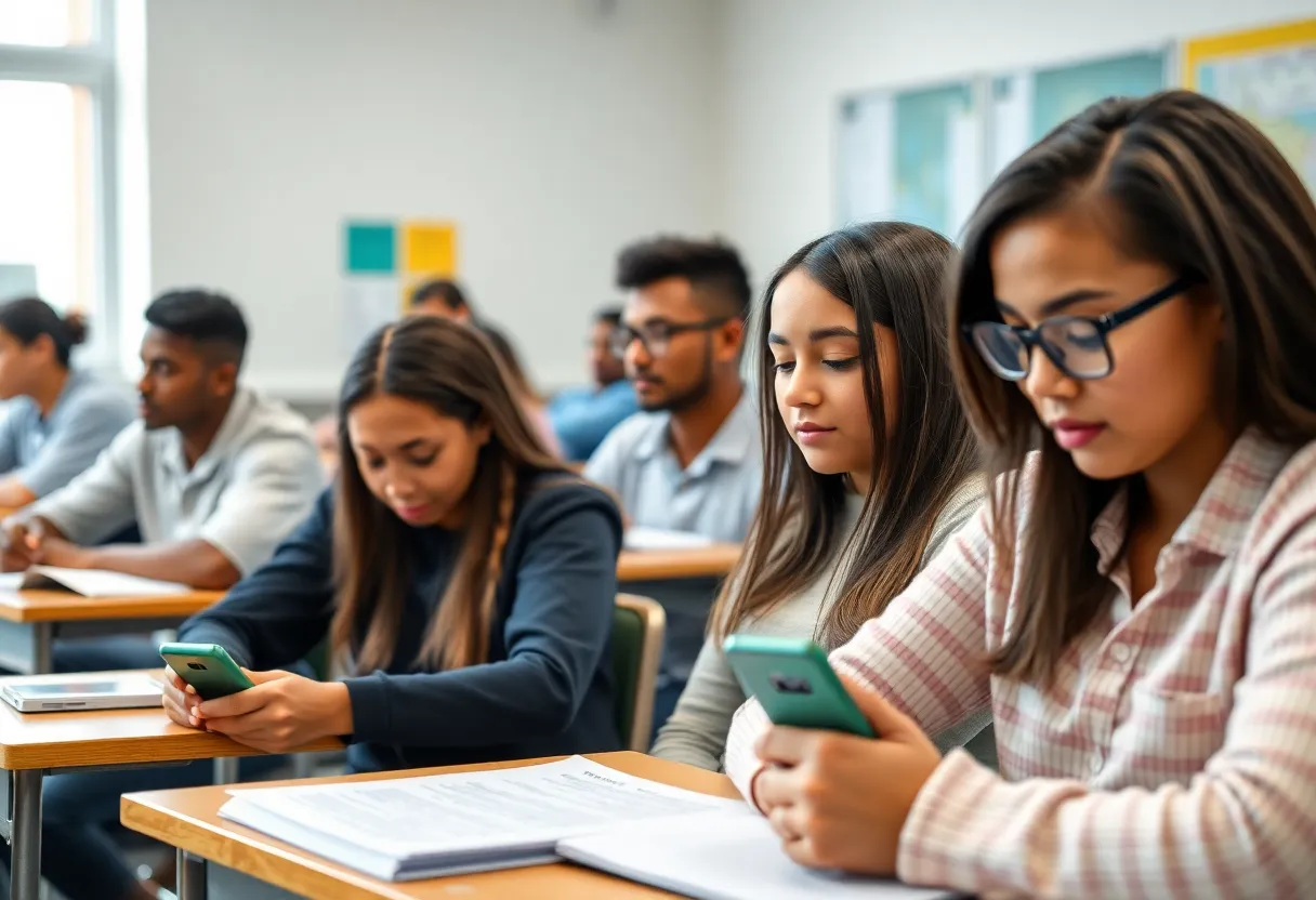 Students engaged in a classroom lesson without distractions from cellphones.