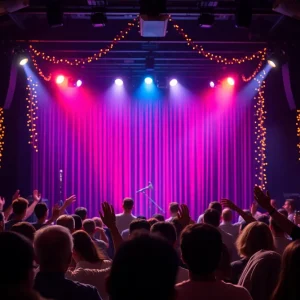 Audience enjoying a comedy show with stage lights