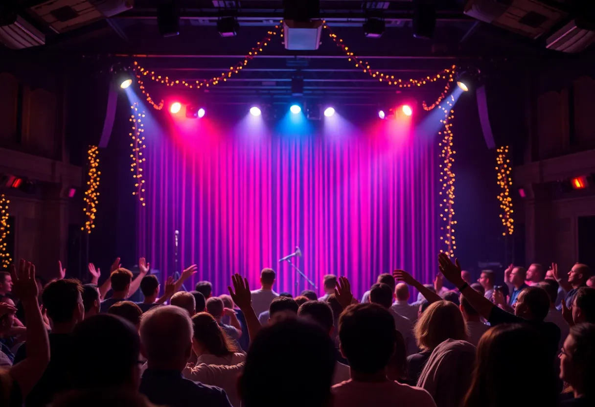 Audience enjoying a comedy show with stage lights