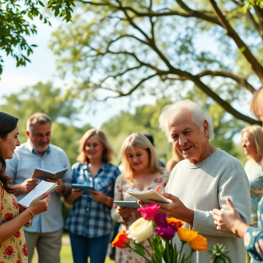 Community members reflecting on the life of Ski Ptaszynski in a serene outdoor setting.