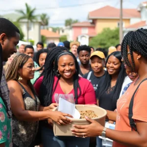 A diverse group of volunteers working together in a community service project in Tampa