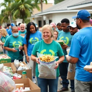 Volunteers assisting communities affected by hurricanes with food and supplies.