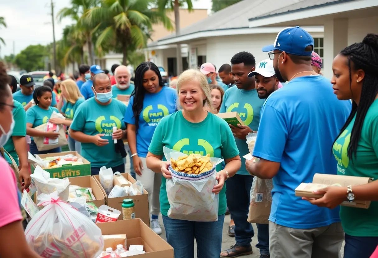 Volunteers assisting communities affected by hurricanes with food and supplies.