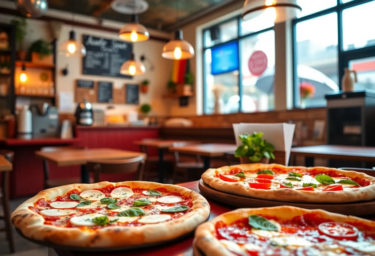 Delicious margherita pizza served in Fabrica Pizzeria's inviting interior.