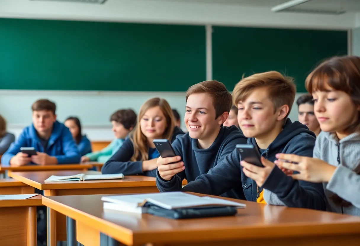 Students in a classroom without cell phones, focused on their studies