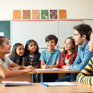A classroom with students and a teacher engaged in discussion.