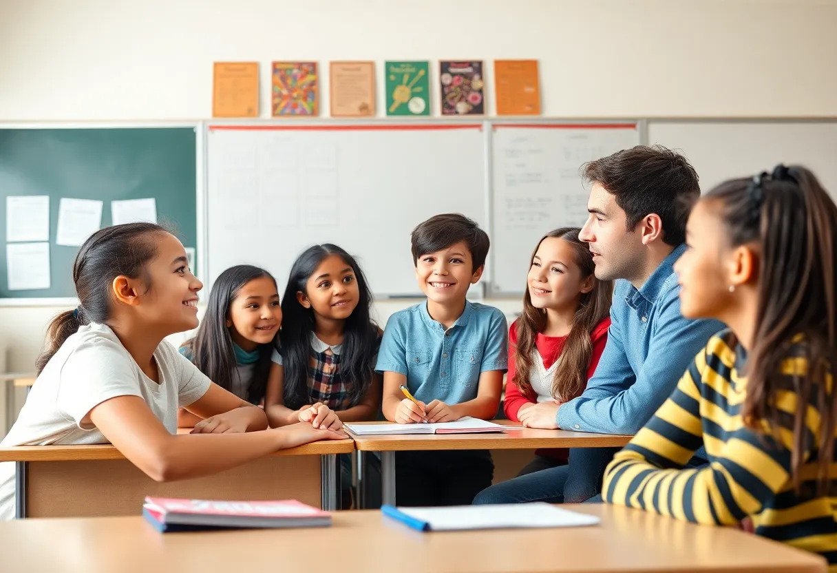 A classroom with students and a teacher engaged in discussion.