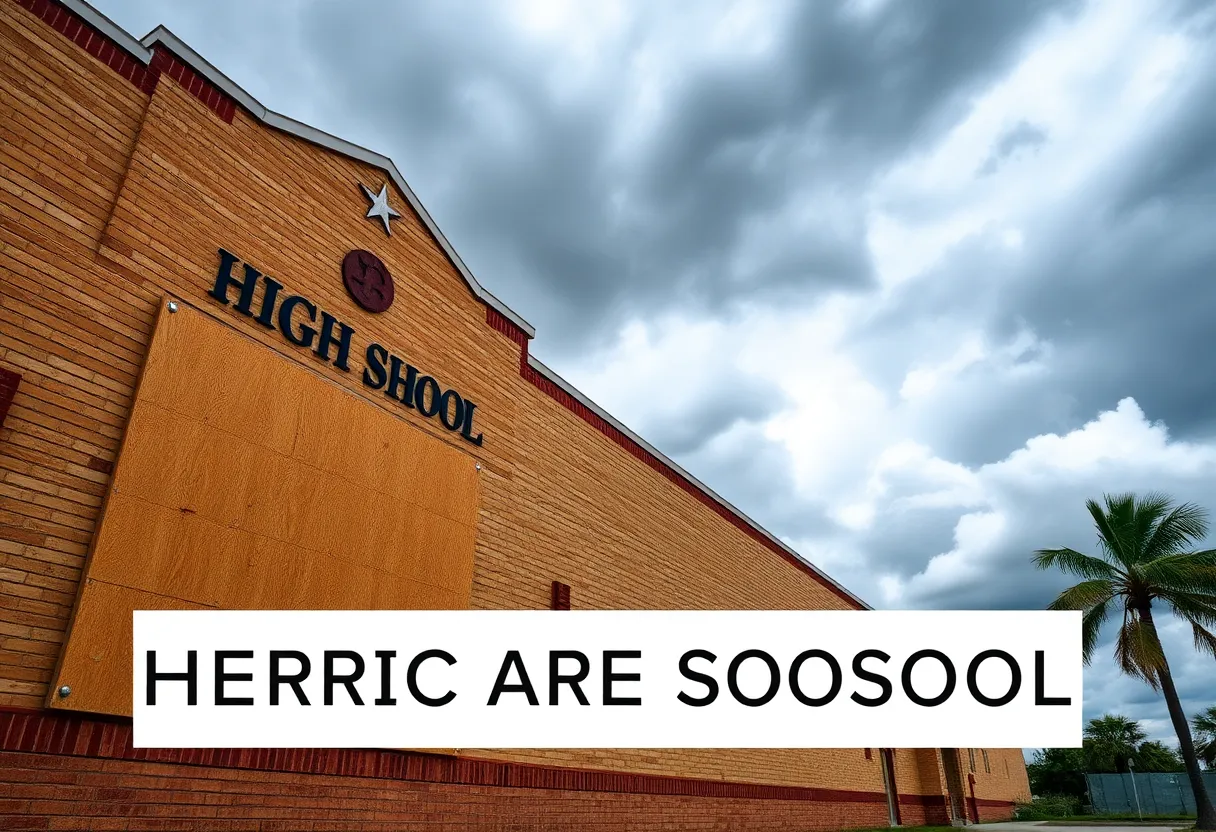 High school building preparing for hurricane with stormy weather