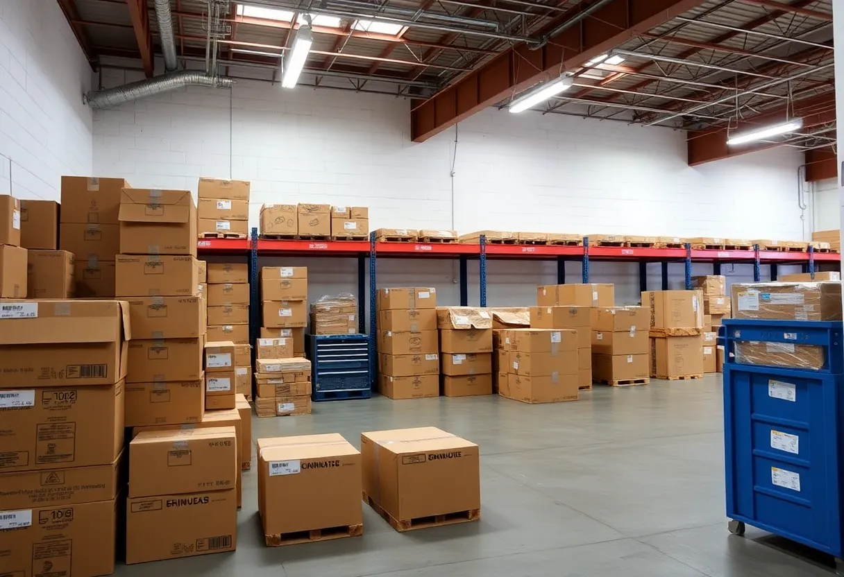 Boxes organized in a storage facility for hurricane preparedness in Tampa