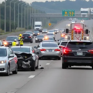 Emergency responders at the scene of a multi-car collision on I-75