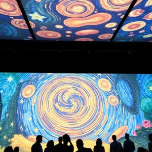 Visitors experiencing immersive projections of Van Gogh and Monet art at the Straz Center.