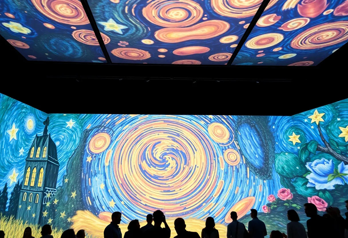 Visitors experiencing immersive projections of Van Gogh and Monet art at the Straz Center.