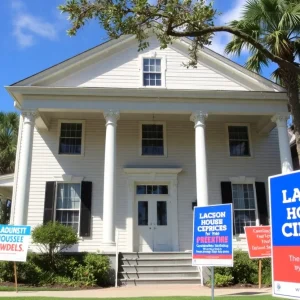 The historic Jackson House in Tampa with a preservation banner.