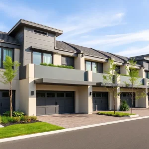 Illustration of a modern luxury garage community in Sarasota with private garages.