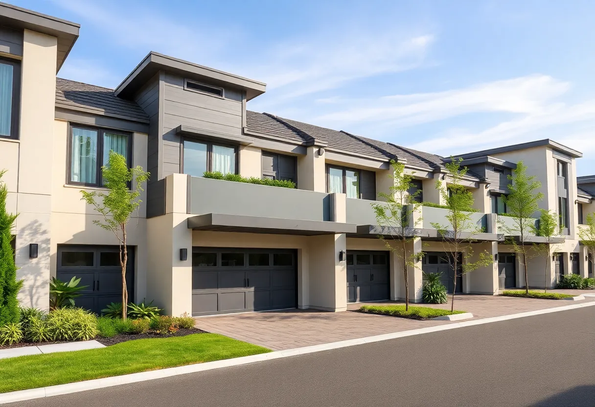 Illustration of a modern luxury garage community in Sarasota with private garages.