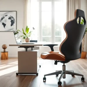A luxurious ergonomic office chair in a modern home office setup.