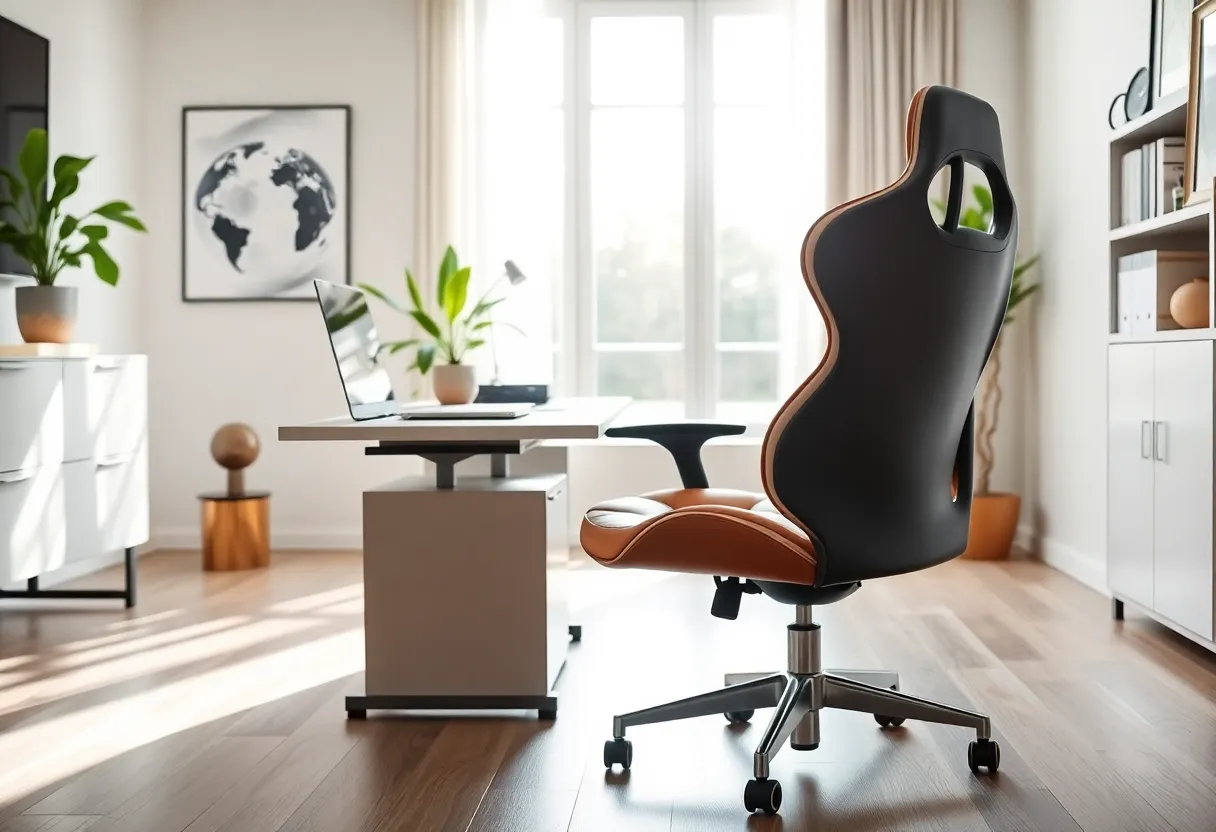 A luxurious ergonomic office chair in a modern home office setup.