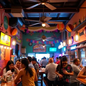 Interior of Nueva Cantina restaurant featuring lively decor and Mexican street food