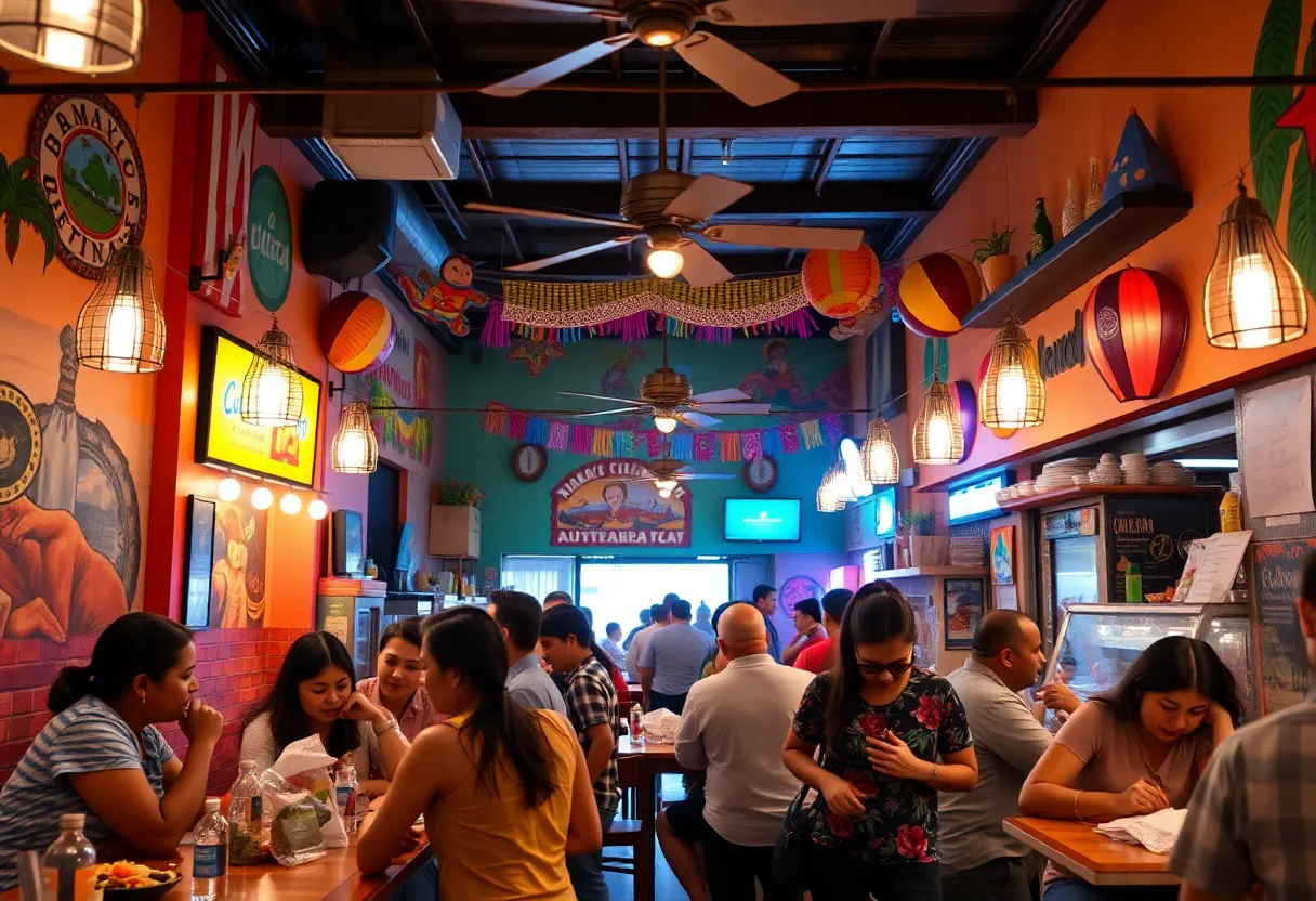Interior of Nueva Cantina restaurant featuring lively decor and Mexican street food