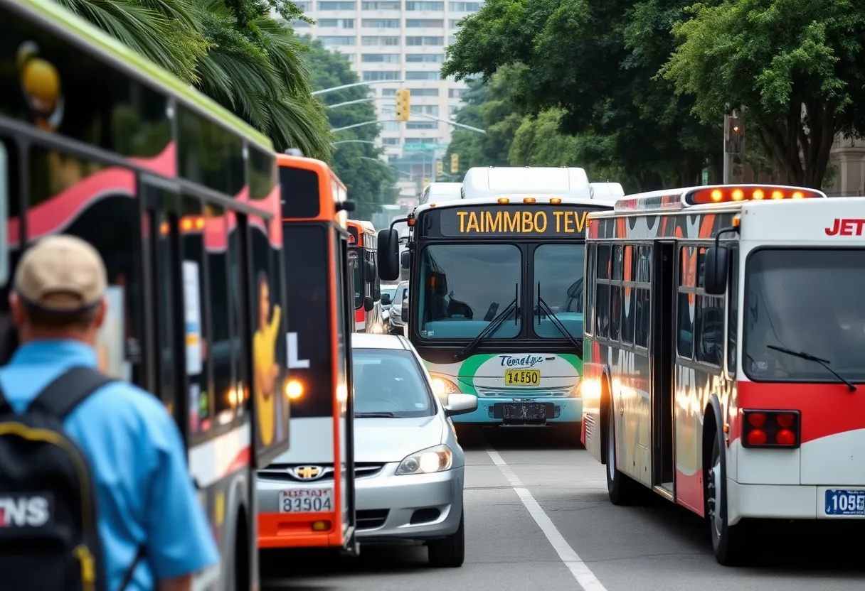 Public buses in Tampa with passengers boarding