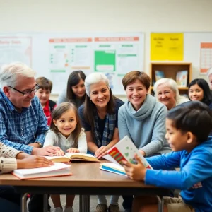 Seniors volunteering in a classroom with children