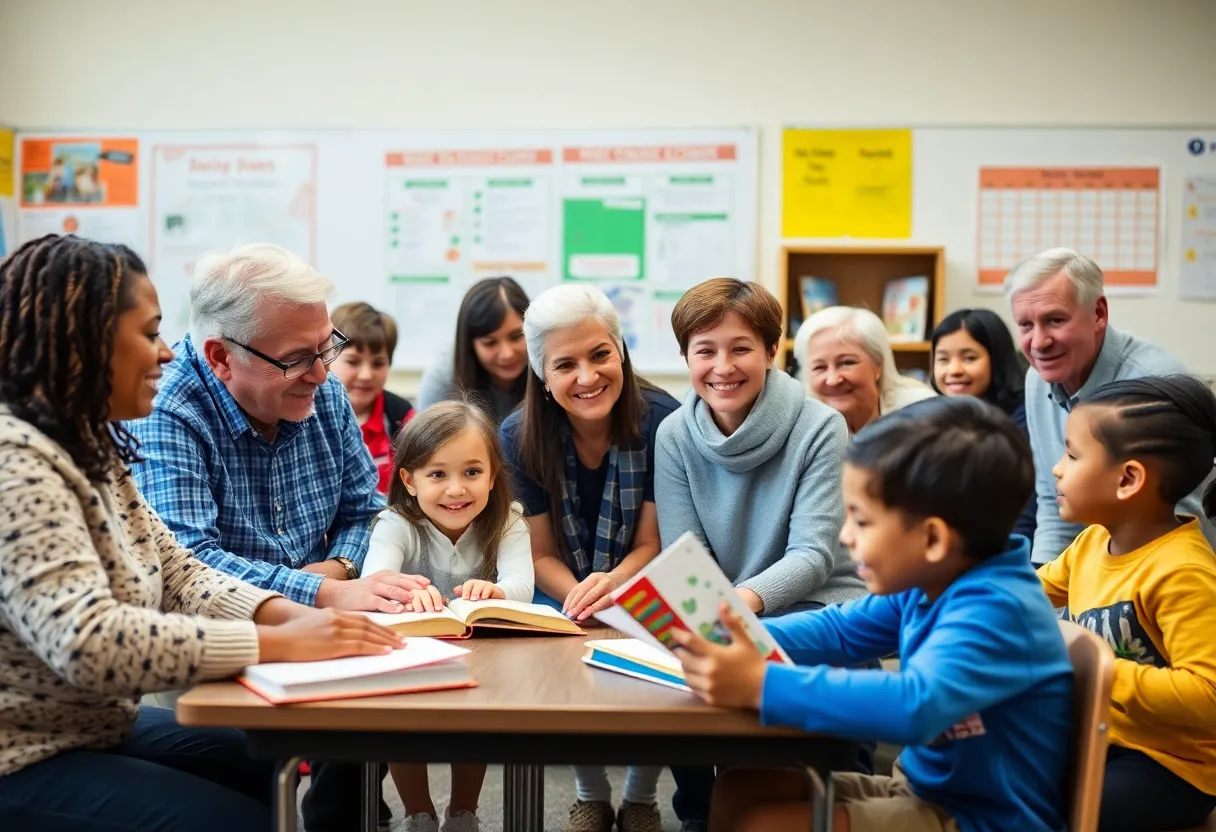 Seniors volunteering in a classroom with children