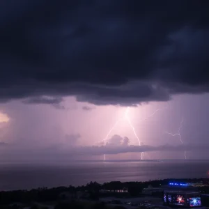 Severe thunderstorms with dark clouds and rain over concert venues in Tampa Bay