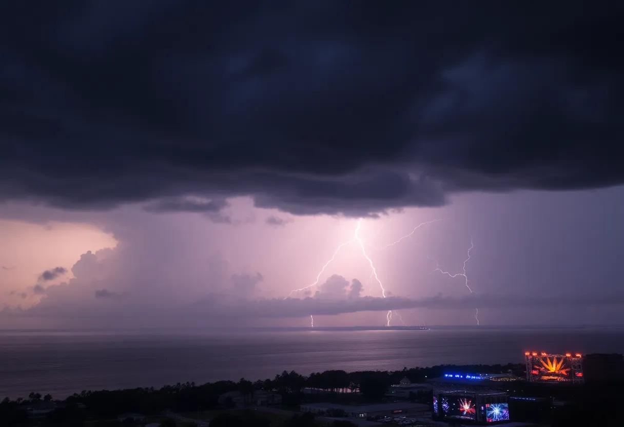 Severe thunderstorms with dark clouds and rain over concert venues in Tampa Bay