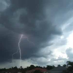 Storm clouds and lightning over Tampa Bay area