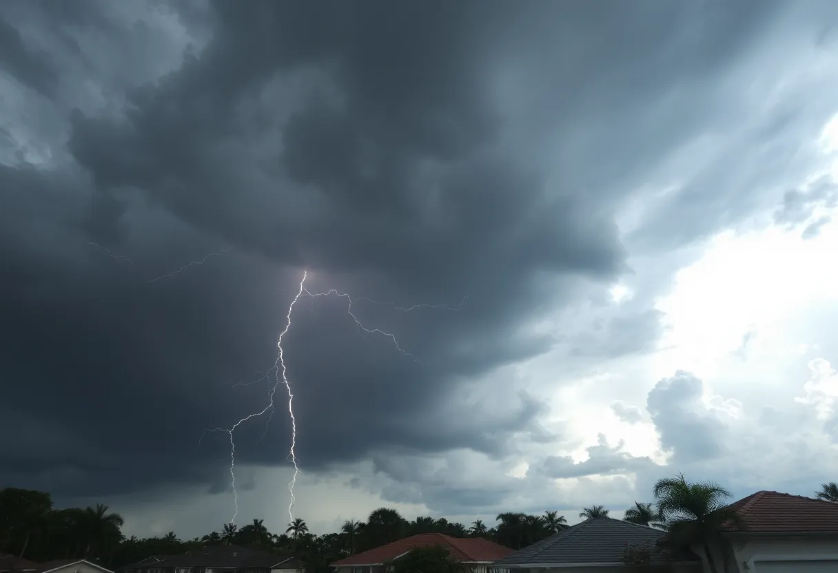 Storm clouds and lightning over Tampa Bay area