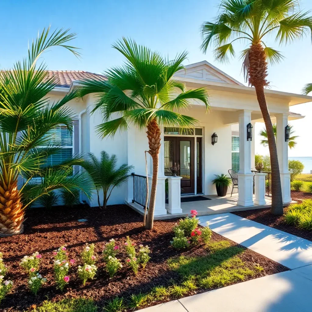 Well-staged Tampa home exterior with palm trees, manicured lawn, and sunlit porch showcasing curb appeal.