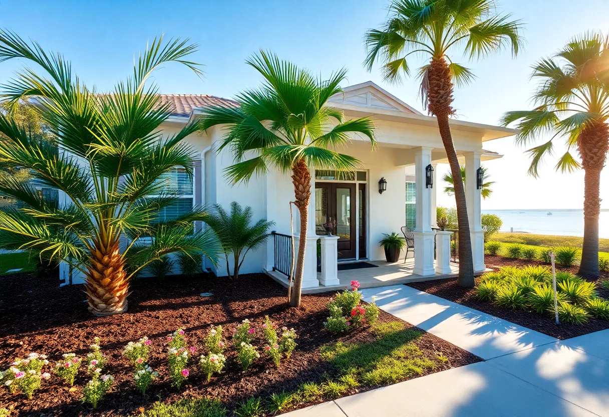 Well-staged Tampa home exterior with palm trees, manicured lawn, and sunlit porch showcasing curb appeal.