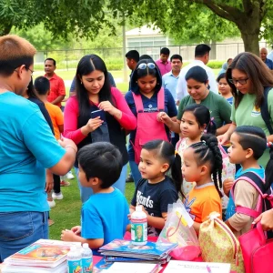 Community back-to-school event in Tampa Bay with children receiving haircuts and school supplies.