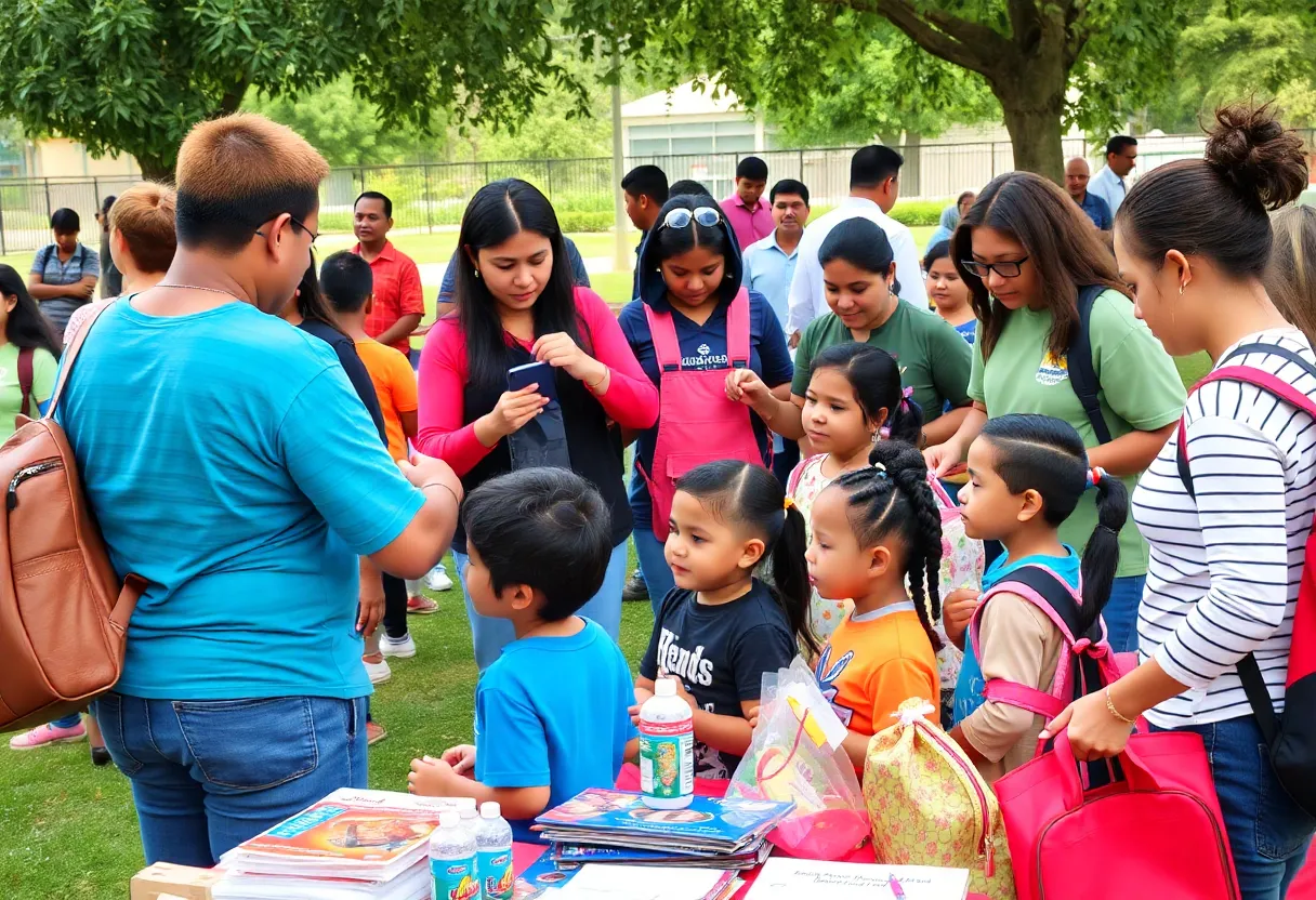 Community back-to-school event in Tampa Bay with children receiving haircuts and school supplies.