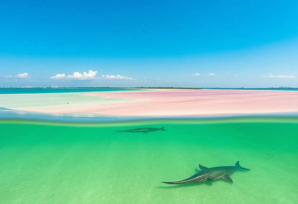 Scenic image of Tampa Bay featuring signs of red tide with discolored water.