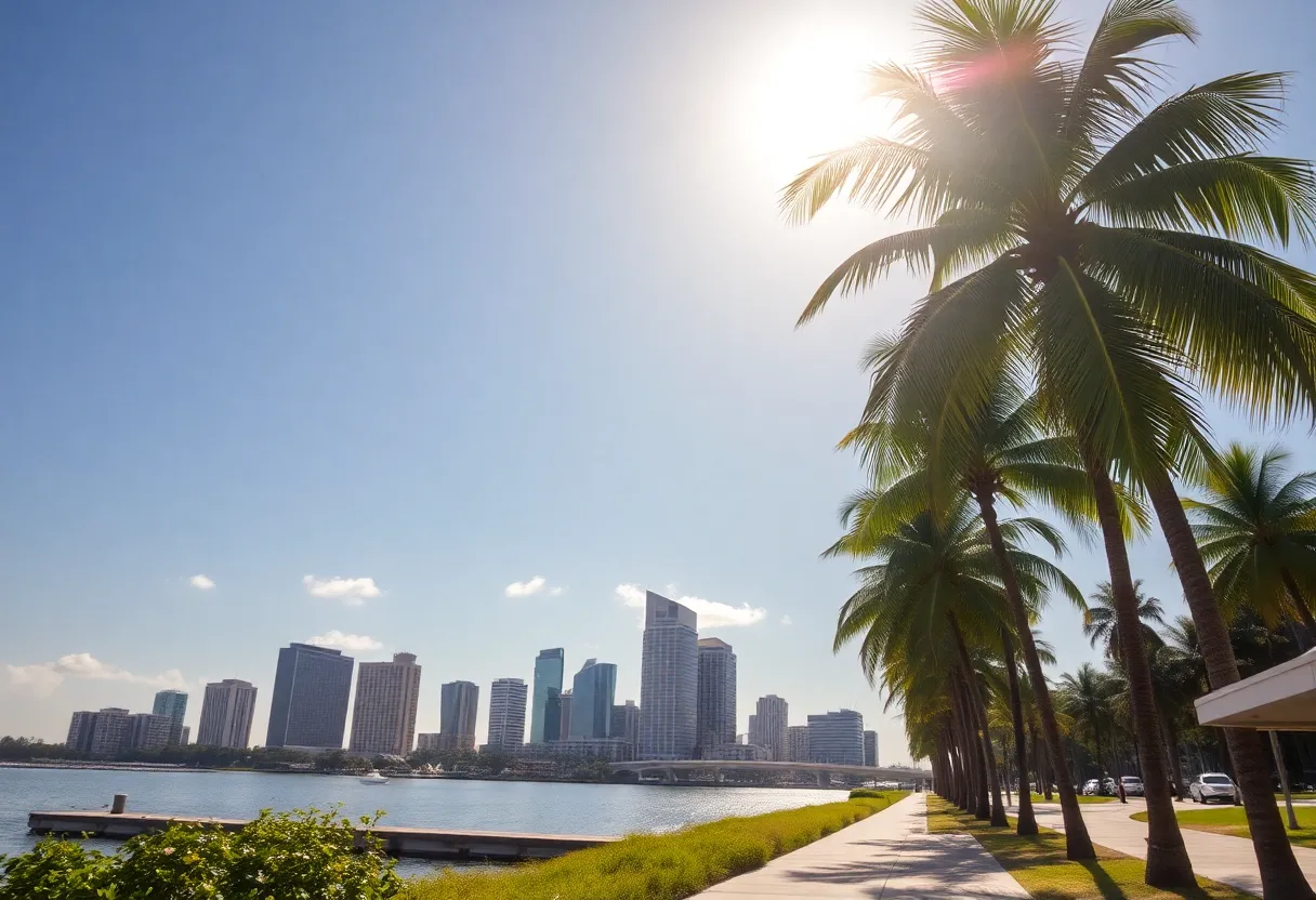 Panoramic view of Tampa Bay with palm trees on a sunny day
