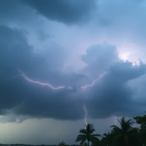 Dark storm clouds gathering over Tampa Bay anticipating severe thunderstorms