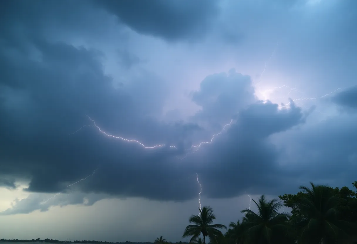 Dark storm clouds gathering over Tampa Bay anticipating severe thunderstorms