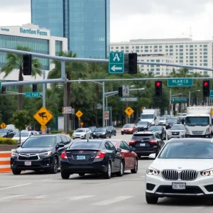 Traffic congestion in Tampa Bay area with road construction signs.