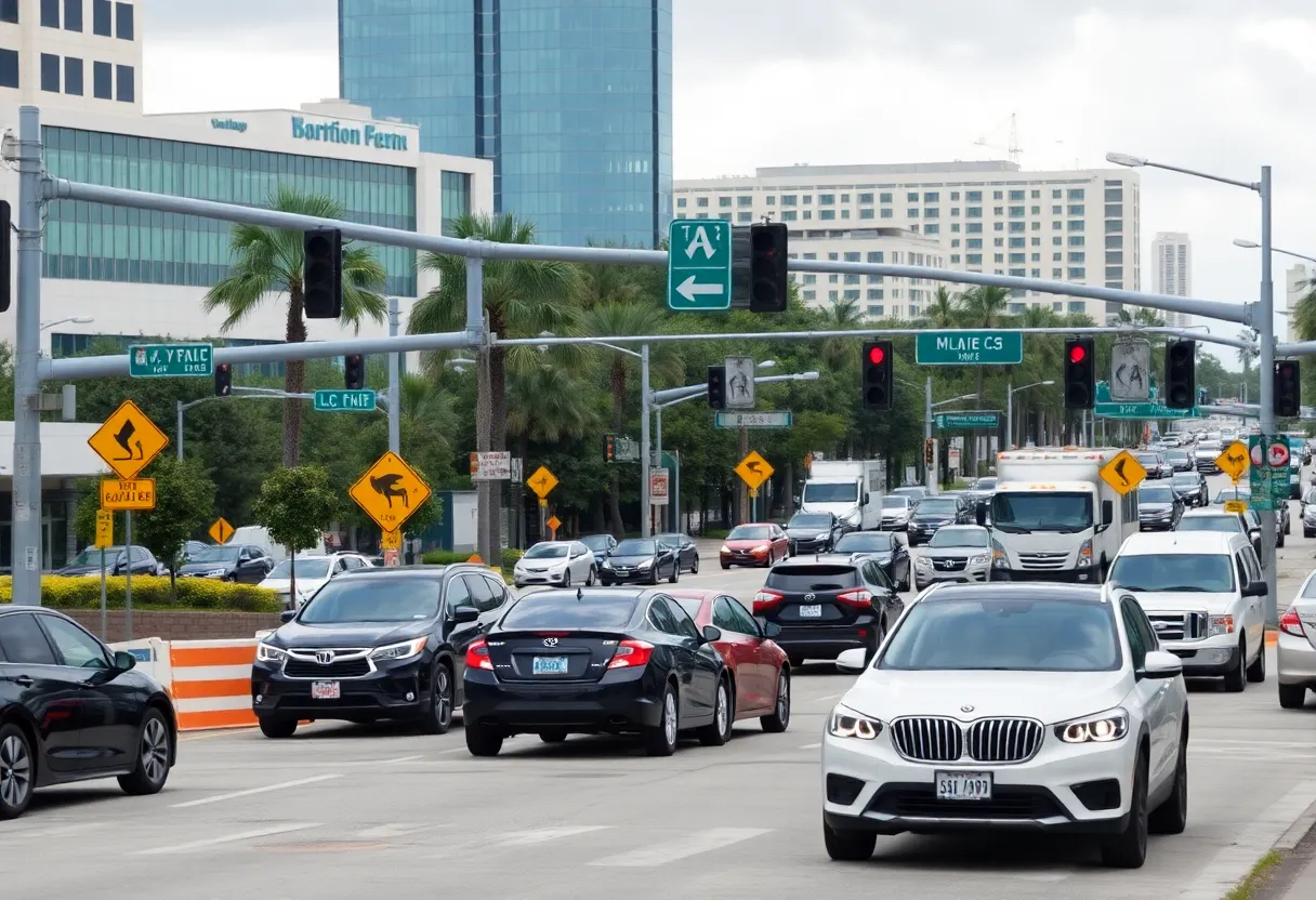 Traffic congestion in Tampa Bay area with road construction signs.