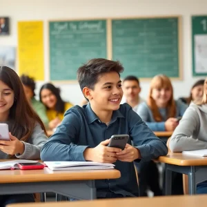 Students learning in a classroom without cell phones